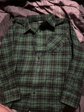 Hurley Green Plaid Flannel Shirt - boys